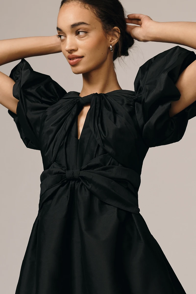 Lovaan Iris Puff-Sleeve Taffeta Mini Dress