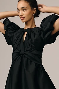 Lovaan Iris Puff-Sleeve Taffeta Mini Dress