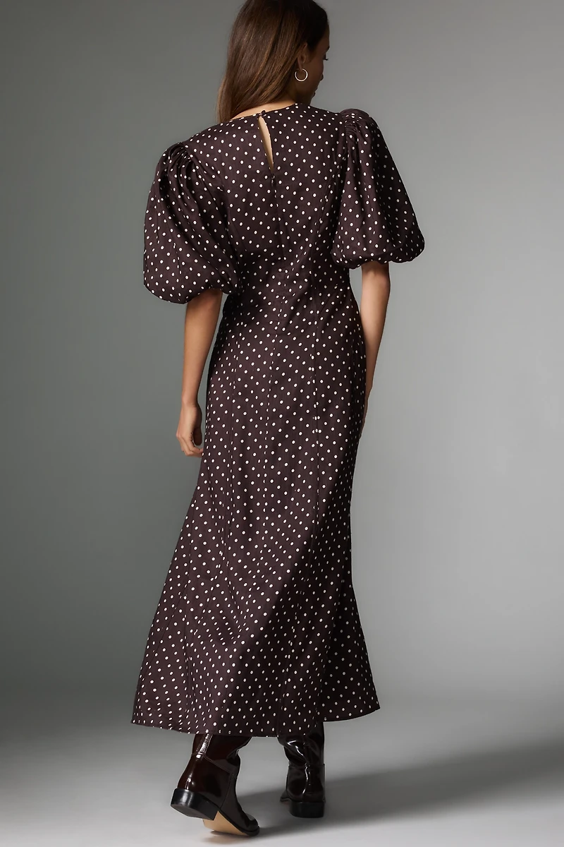 Lovaan Adeline Linen Blend Puff-Sleeve Midi Dress