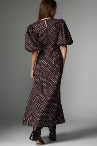 Lovaan Adeline Linen Blend Puff-Sleeve Midi Dress