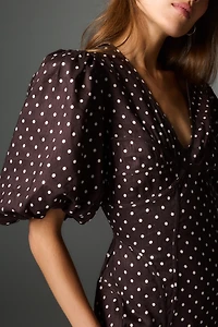 Lovaan Adeline Linen Blend Puff-Sleeve Midi Dress