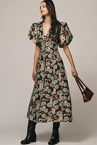 Lovaan Adeline Linen-Silk Puff-Sleeve Midi Dress