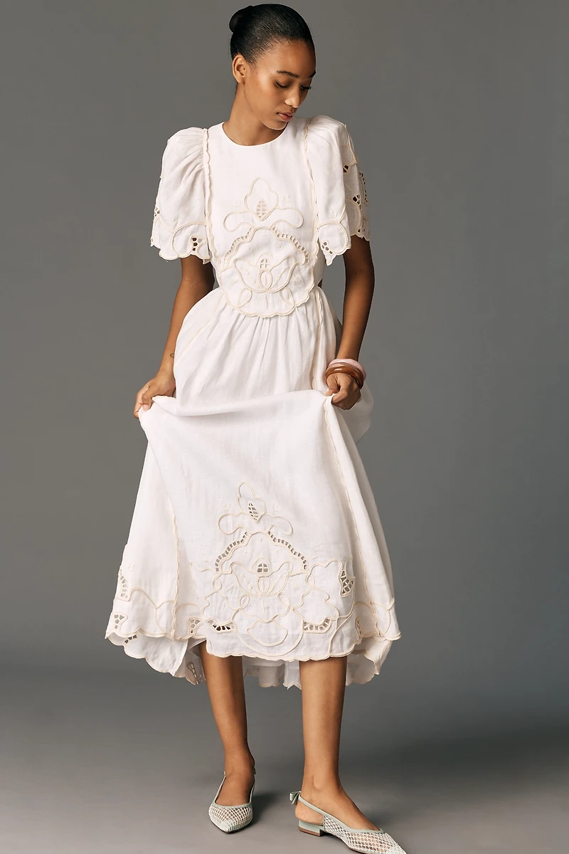 Lovaan Freya A-Line Short-Sleeve Linen Midi Dress