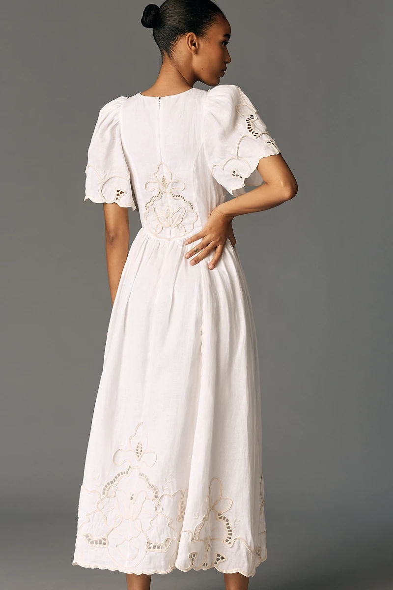 Lovaan Freya A-Line Short-Sleeve Linen Midi Dress