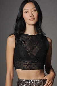 LyreBird High-Neck Sequin Sheer Tie-Back Top