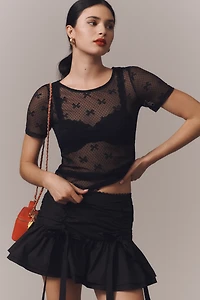 By Anthropologie Short-Sleeve Bow Motif Sheer Top