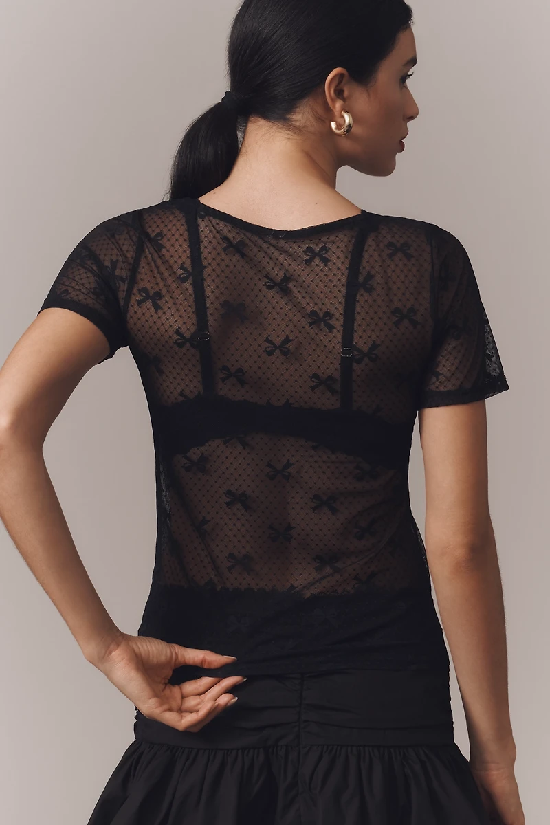 By Anthropologie Short-Sleeve Bow Motif Sheer Top