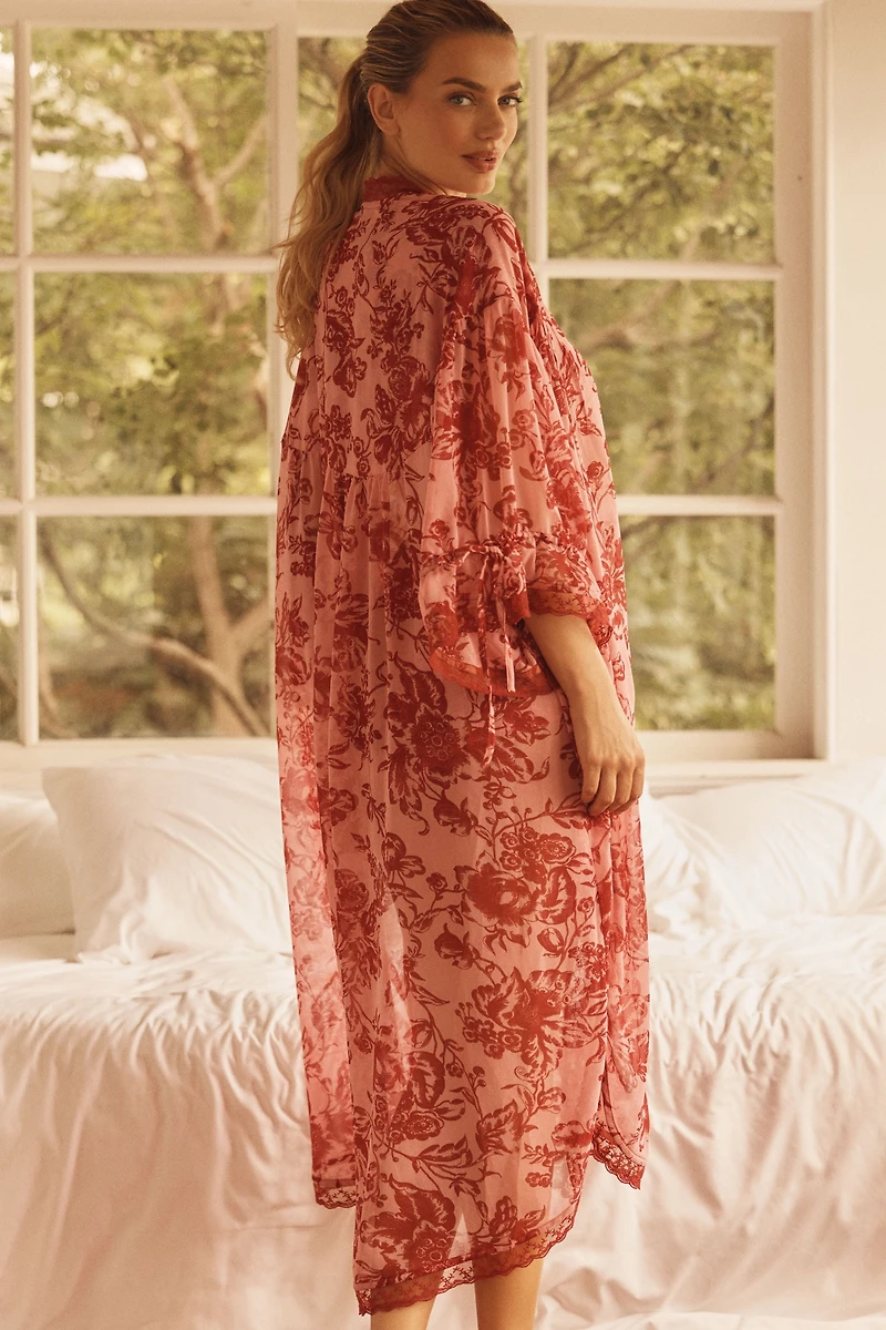 LyreBird Embroidered Lace-Trim Kimono