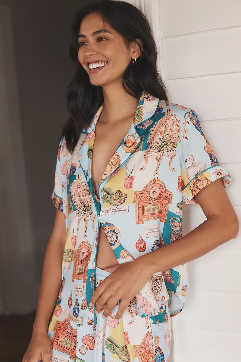 LyreBird Short-Sleeve Silky Printed Pajama Top
