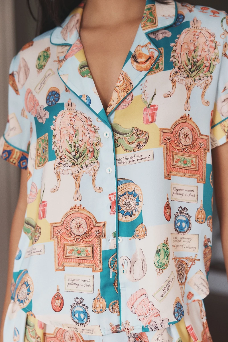 LyreBird Short-Sleeve Silky Printed Pajama Top