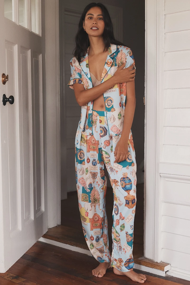 LyreBird Short-Sleeve Silky Printed Pajama Top