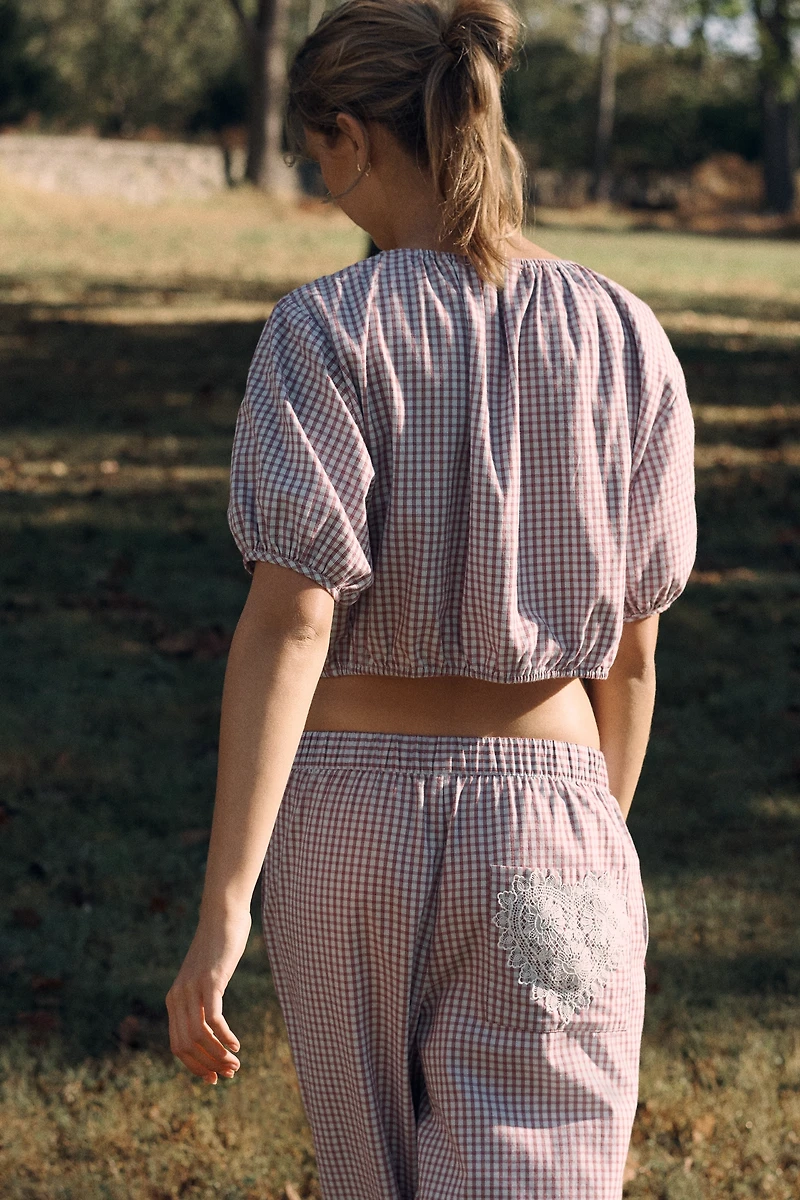 LyreBird Short-Sleeve Flannel Buttondown Crop Top