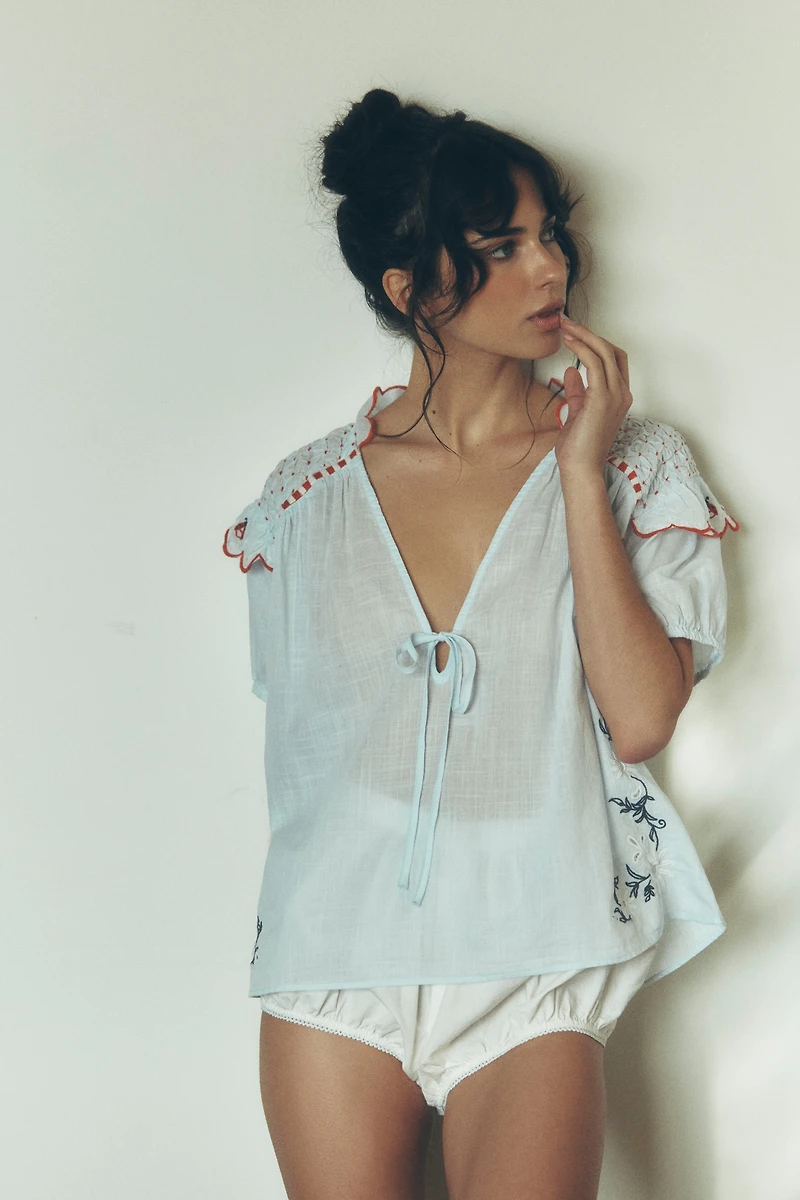 LyreBird Puff-Sleeve Embroidered Top