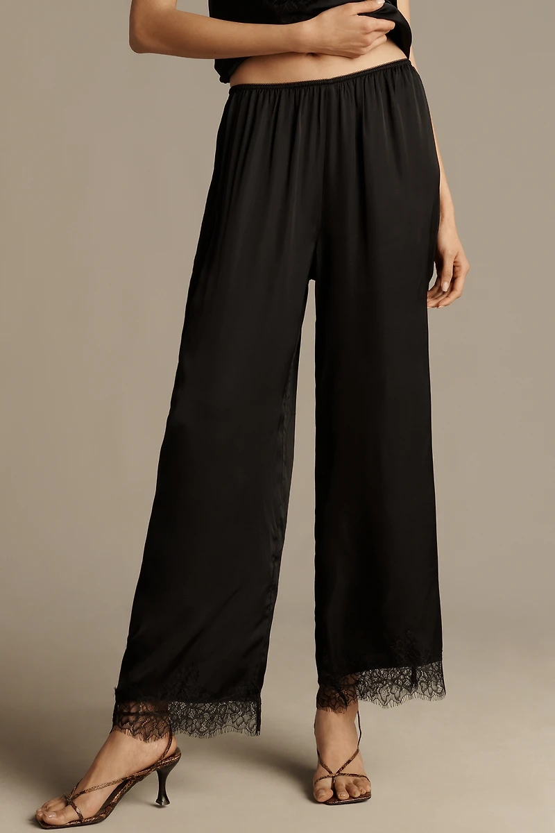 LyreBird Satin Lace-Trim Wide-Leg Pants