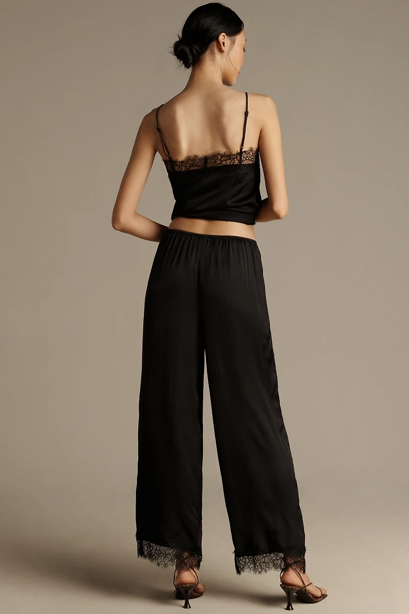 LyreBird Satin Lace-Trim Wide-Leg Pants