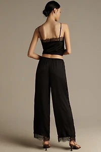 LyreBird Satin Lace-Trim Wide-Leg Pants