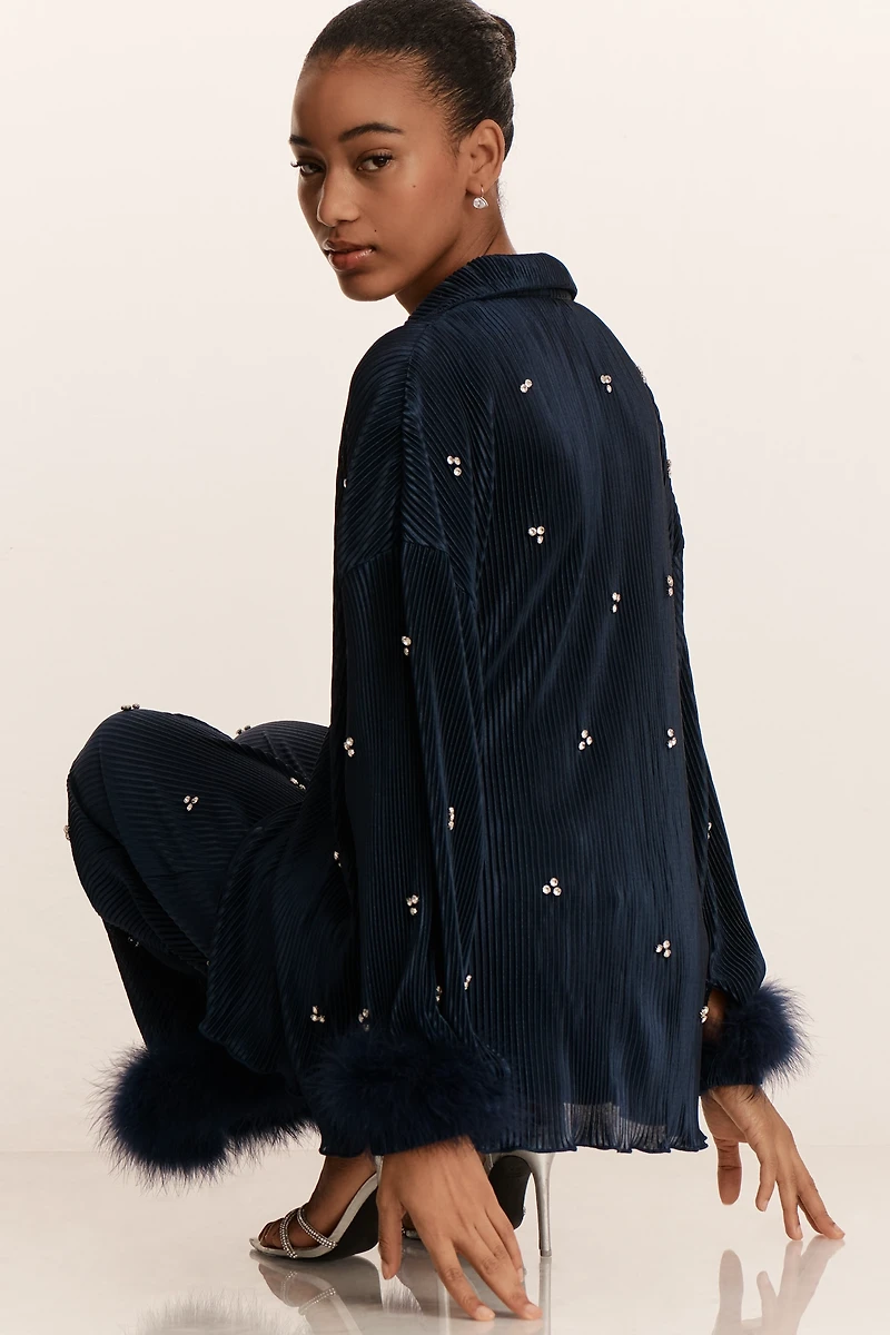 Waverles Jeweled Pleated Faux Feather Pajama Set