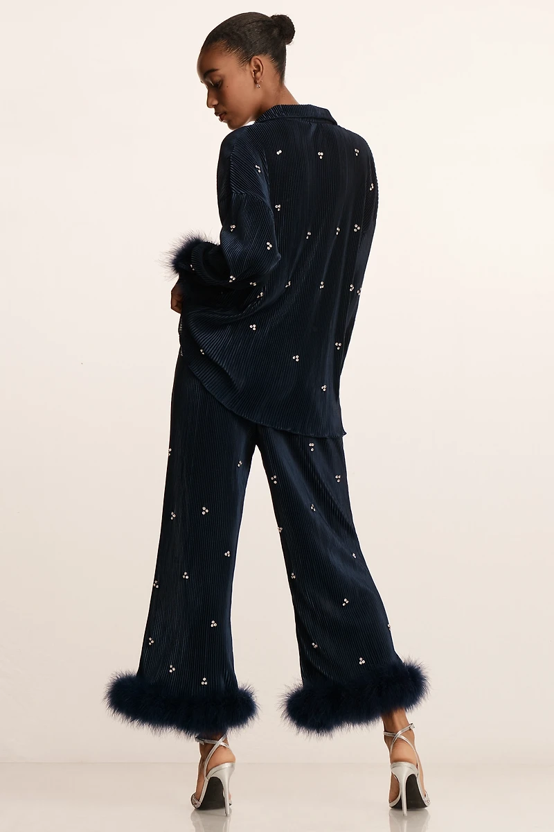 Waverles Jeweled Pleated Faux Feather Pajama Set