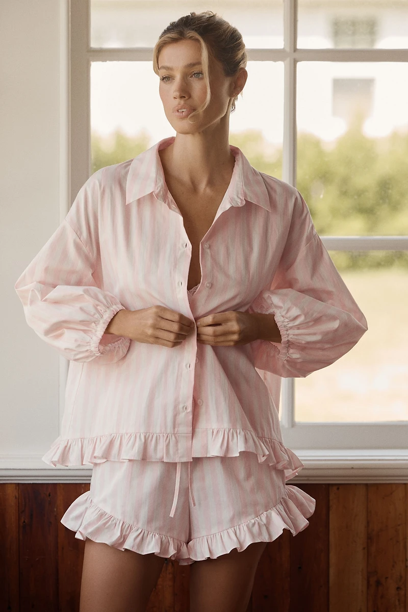 LyreBird Cotton Poplin Ruffled Button Down Shirt