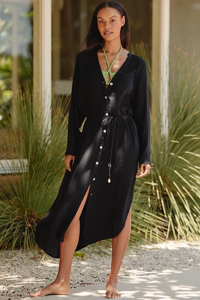 LSPACE Yoli Long-Sleeve Cover-Up Midi Shirt Dress