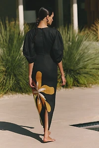 Cala de la Cruz Gaia V-Neck Cut-Out Puff-Sleeve Linen Maxi Dress