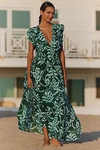 Tiare Hawaii Dahlia Ruffle-Sleeve V-Neck Maxi Dress