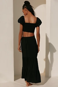 Peixoto Louisa Off-Shoulder Gathered Puff-Sleeve Crop Top