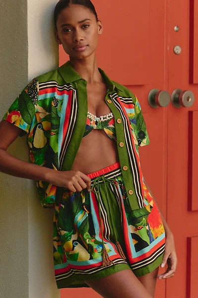 Farm Rio Bird Leaves Short-Sleeve Buttondown Shirt