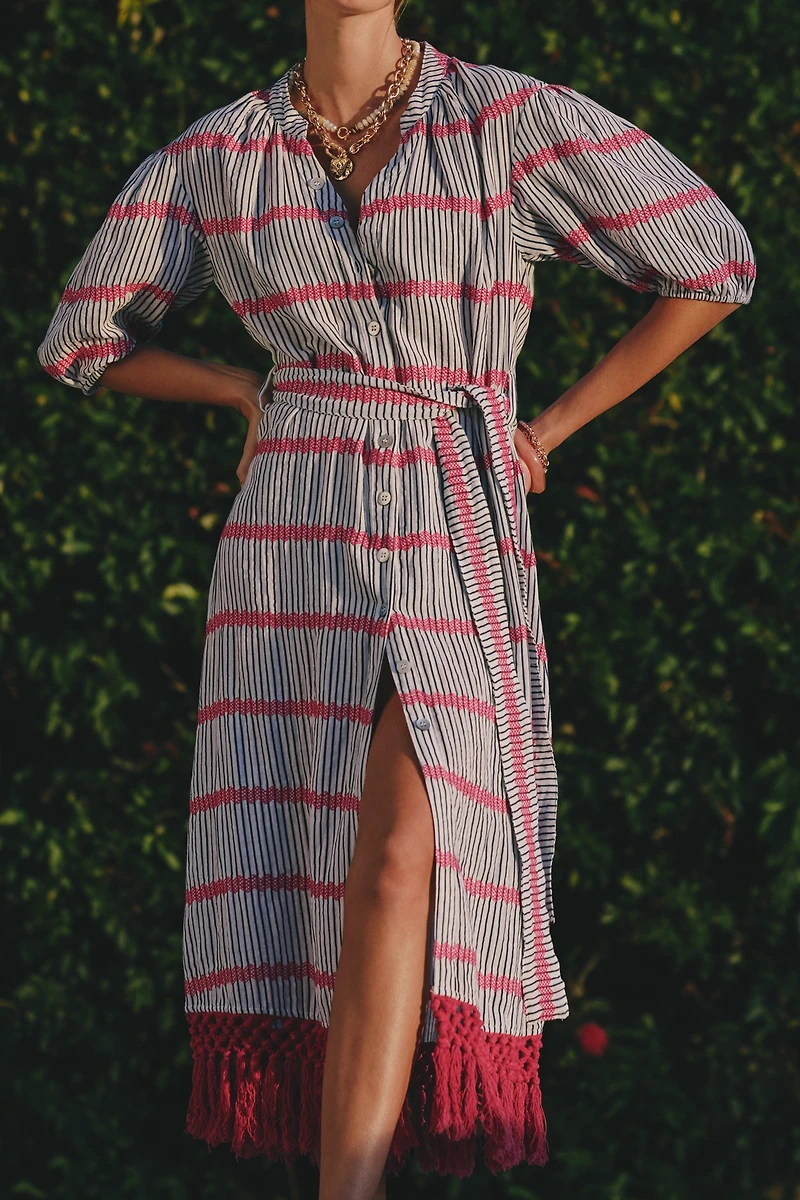 Mer St. Barth Estelle Fringe Belted Buttondown Midi Dress