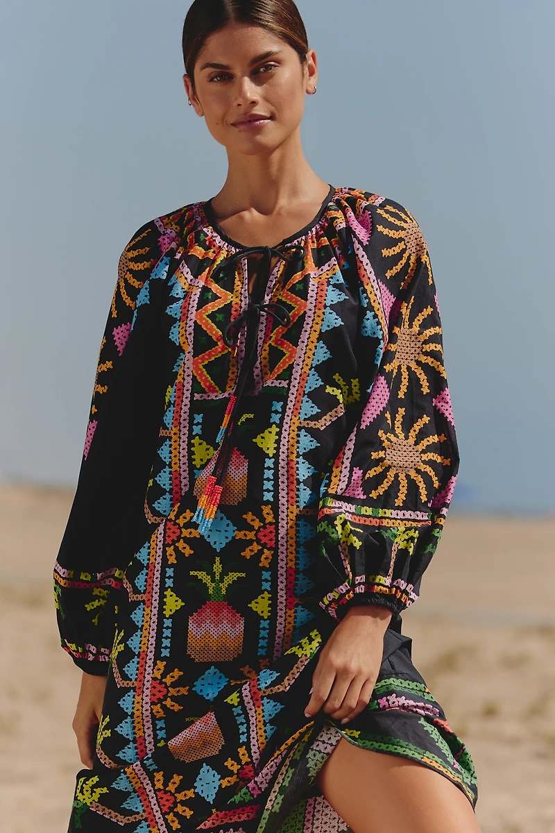 Farm Rio x Anthropologie Long-Sleeve Tie-Front Maxi Dress