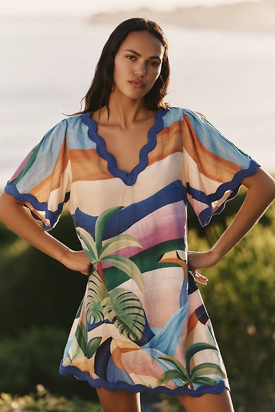 Farm Rio x Anthropologie Linen Blend Scalloped Mini Dress