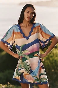 Farm Rio x Anthropologie Linen Blend Scalloped Mini Dress