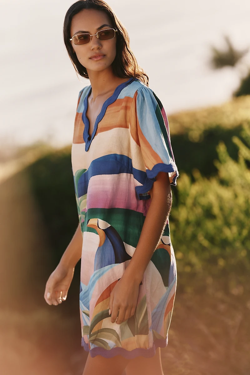 Farm Rio x Anthropologie Linen Blend Scalloped Mini Dress