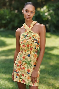Farm Rio x Anthropologie Linen Blend Halter-Neck Mini Dress