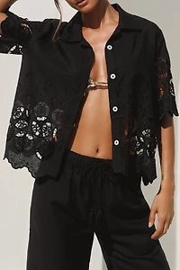 Mahila Short-Sleeve Embroidered Cutwork Button-Front Top