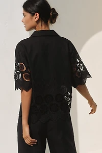 Mahila Short-Sleeve Embroidered Cutwork Button-Front Top