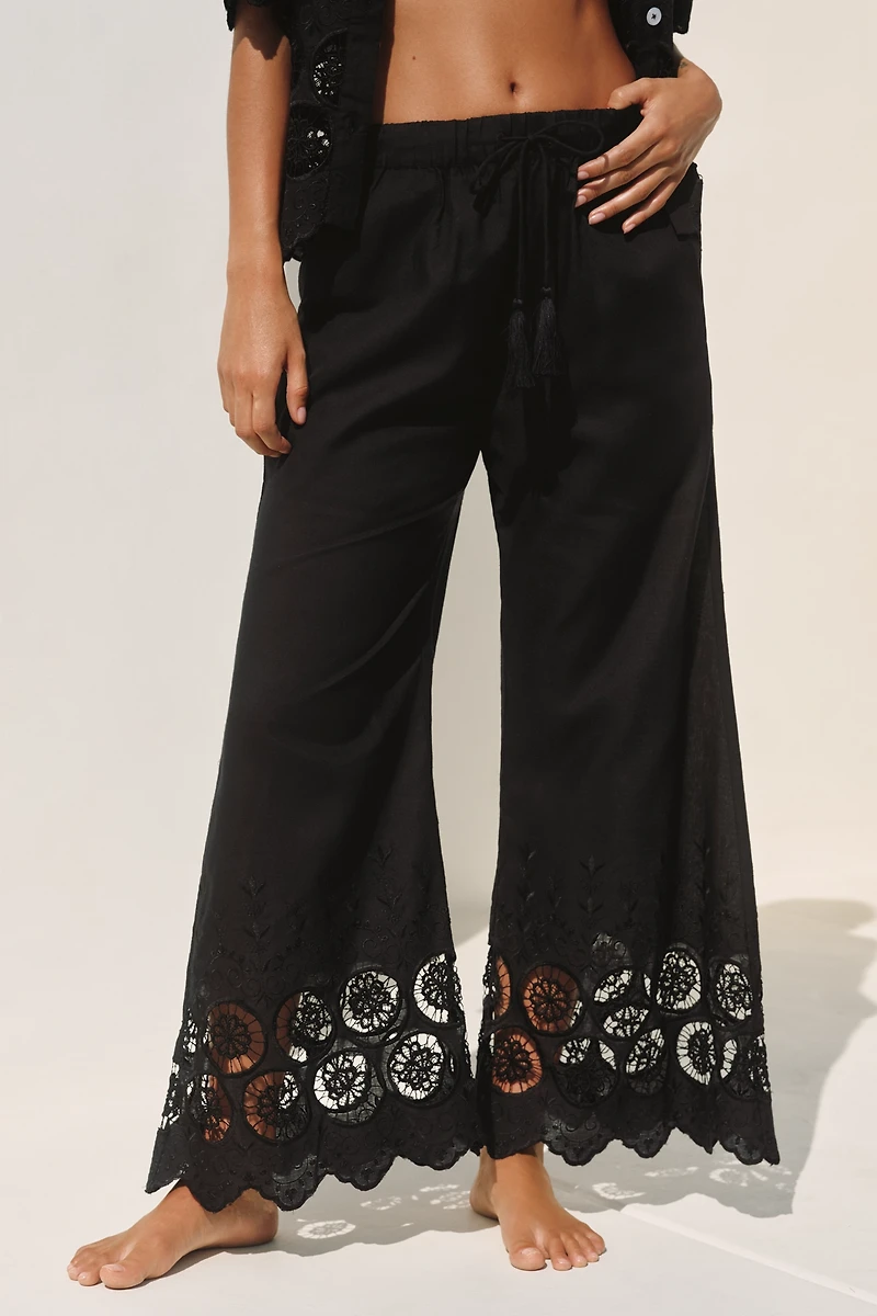 Mahila Embroidered Cutwork Wide-Leg Pants