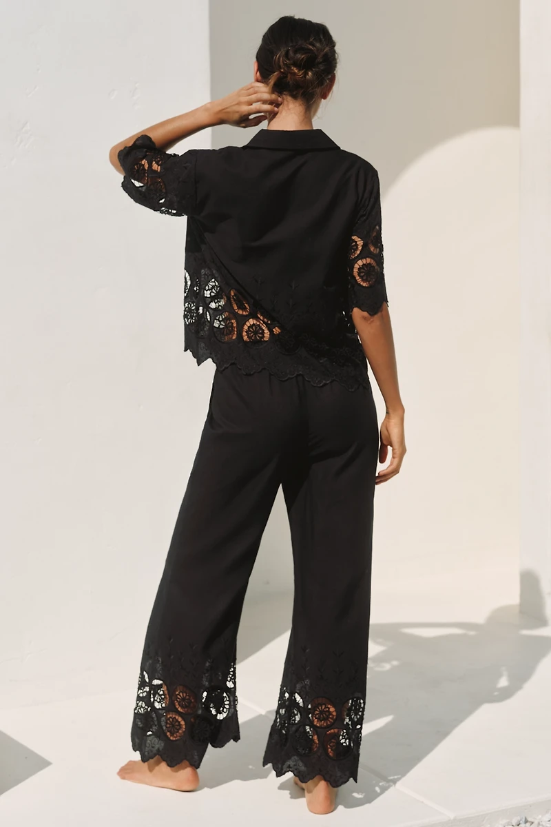 Mahila Embroidered Cutwork Wide-Leg Pants