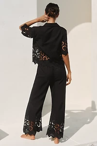 Mahila Embroidered Cutwork Wide-Leg Pants