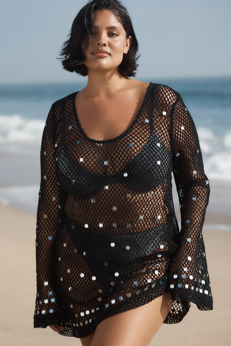 Celandine Long-Sleeve Sheer Sequin Mesh Cover-Up Mini Dress