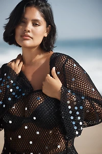 Celandine Long-Sleeve Sheer Sequin Mesh Cover-Up Mini Dress
