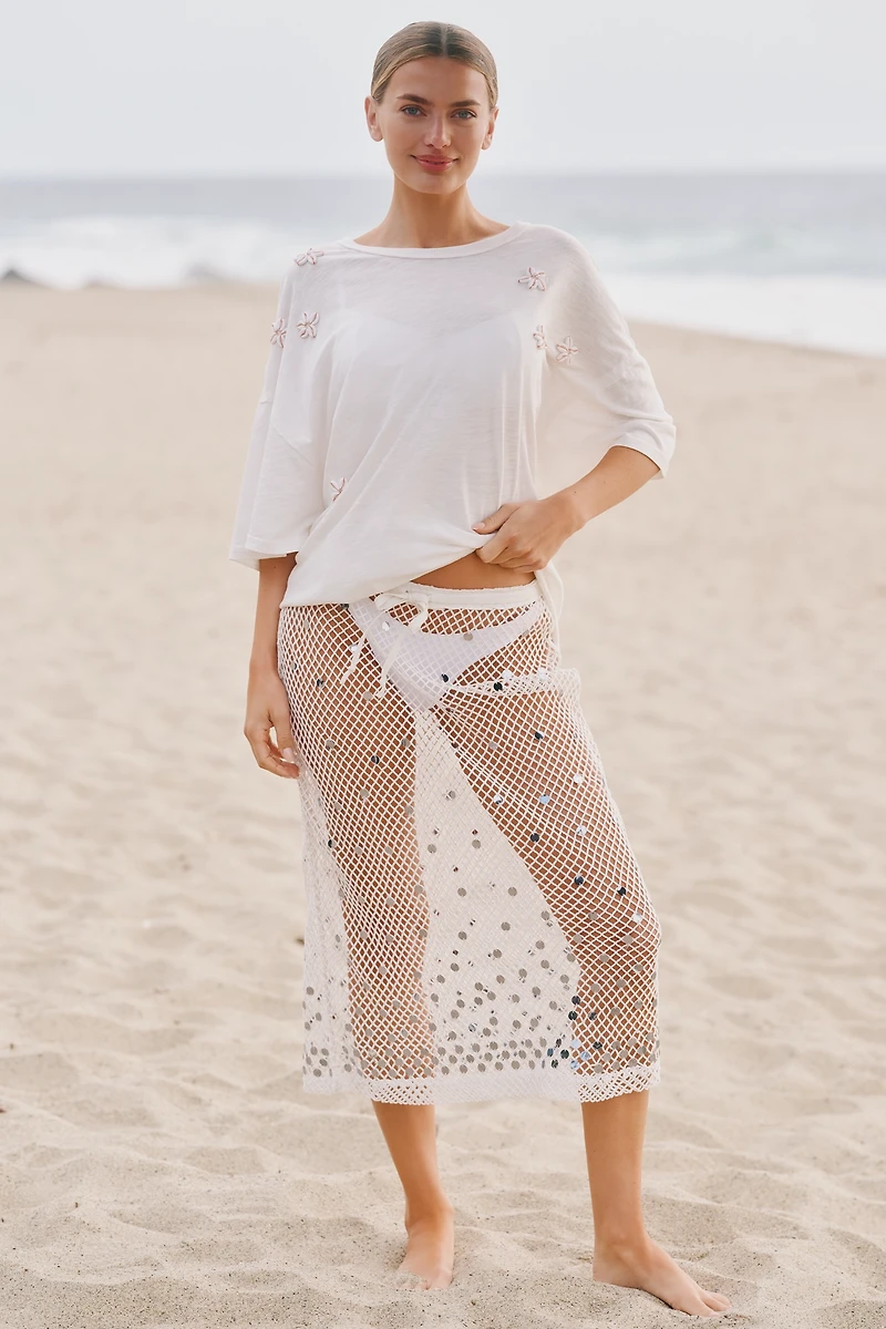 Celandine Sheer Mesh Sequin Drawstring Mermaid Midi Skirt