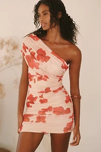 SUBOO Suzie One-Shoulder Floral Mesh Mini Dress