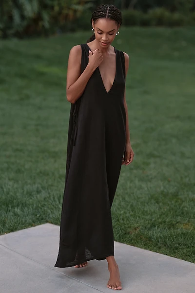 Celandine Plunge-Neck Linen Blend Maxi Dress