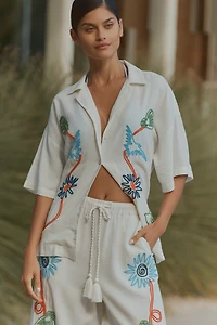 Celandine Linen Blend Embroidered Short-Sleeve Buttondown Shirt