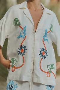 Celandine Linen Blend Embroidered Short-Sleeve Buttondown Shirt