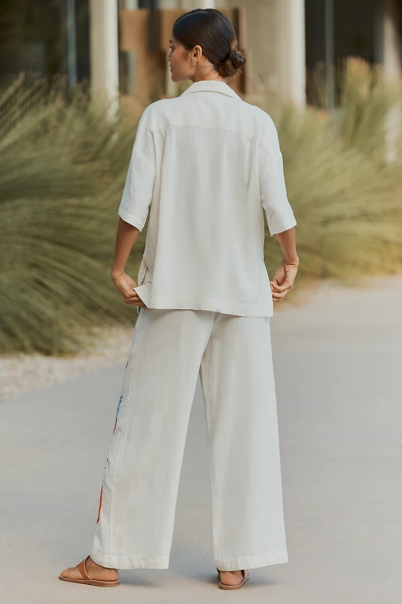 Celandine Linen Blend Embroidered Short-Sleeve Buttondown Shirt