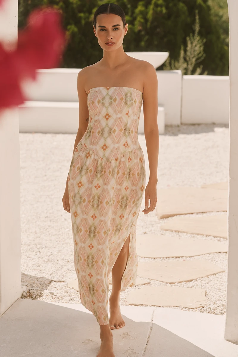 Celandine Linen Blend Strapless Drop-Waist Maxi Dress