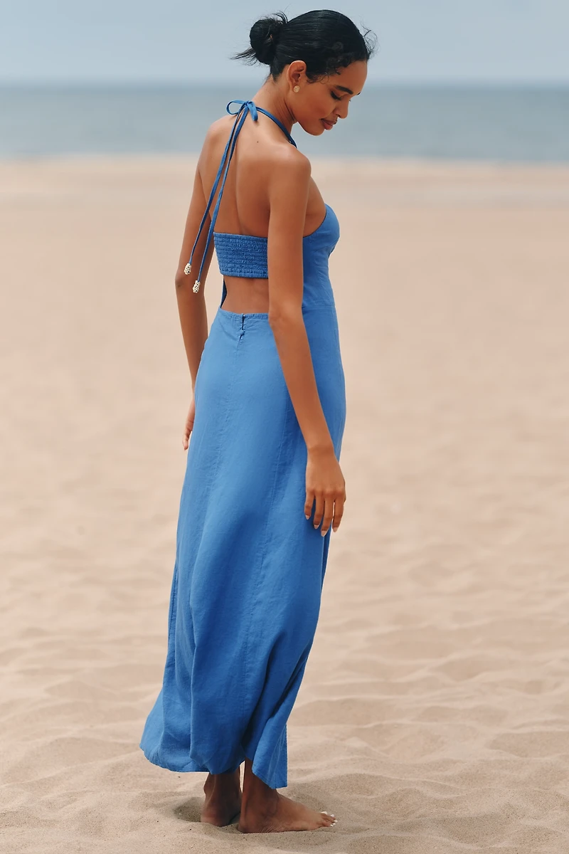 Celandine Linen-Blend Halter Side-Slit Maxi Dress