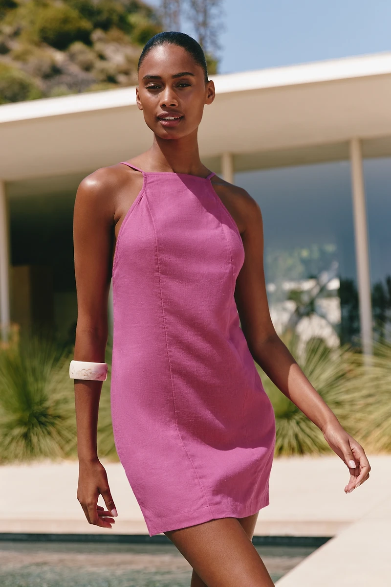 Celandine Linen Beaded Cross-Back Mini Dress